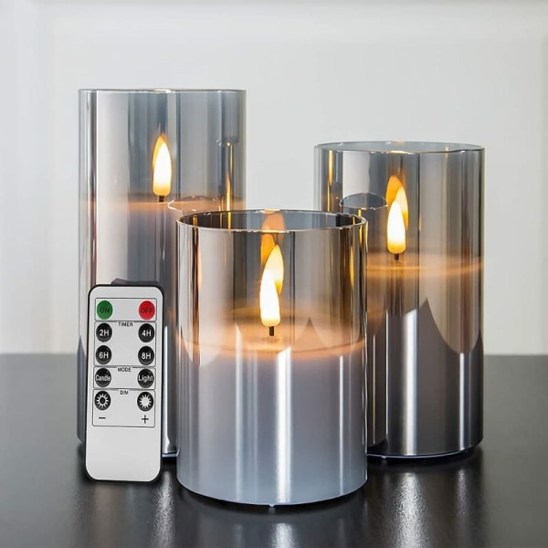 Sølvgrå glass, flammeløse flimmerlys med fjernkontroll, 3-paknings realistiske LED-falske lys∅ 3 H 4 5 6