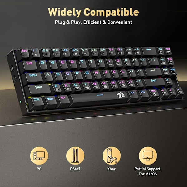 K599 60% Mekanisk Tastatur, Hot Swap Anti-Ghosting Gaming Tastatur til PC/PS5/Xbox/MacOS. (Lineær Rød Switch-Sort)