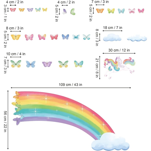Regnbue veggklistremer Enhjørning Regnbue Sommerfugler Skyer Veggklistremer Baby Jenter Soverom Stue Veggklistremer
