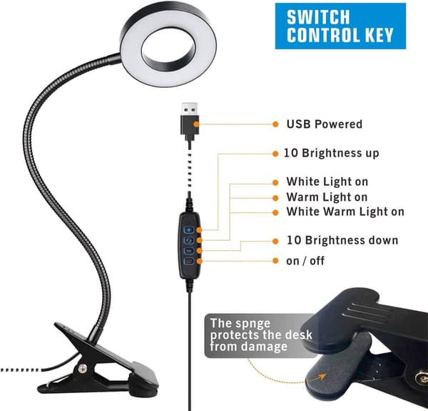USB LED Skrivebordslampe med Klemme, 3 Farvetilstande 10 Dæmpbare Lysstyrker Øjenbeskyttelse Læselampe Justerbar til Studier Arbejde Videokonference (Sort)