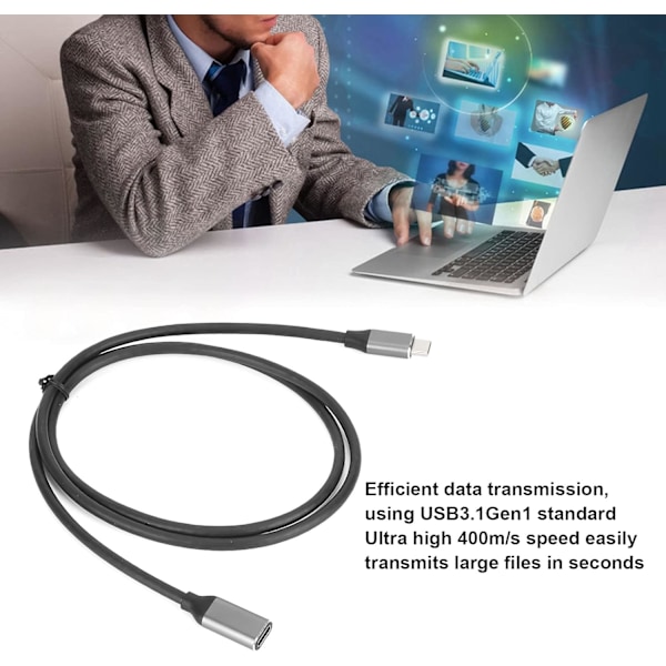 USB-C Förlängningskabel, HD 4K USB 3.1 Hane till Hona Förlängningssladd 3A 60W PD Snabbladdning 400M/s Dataöverföring Typ C-kabel (0,5m) (Svart)