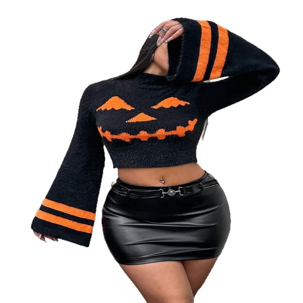Dame Mørk Græskar Farveblok Cropped Turtleneck Sweater Efterår Vinter Mode Trendy Strikket Top black M