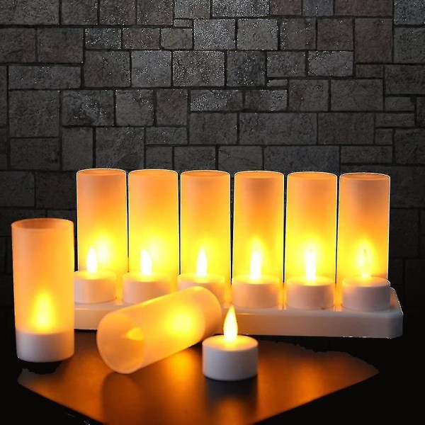 Flammeløse stearinlys - 12 genopladelige LED-flimrende fyrfadslys + 12 frostede kopper - Leveres med opladningsbase, ikke nødvendigt med batteri