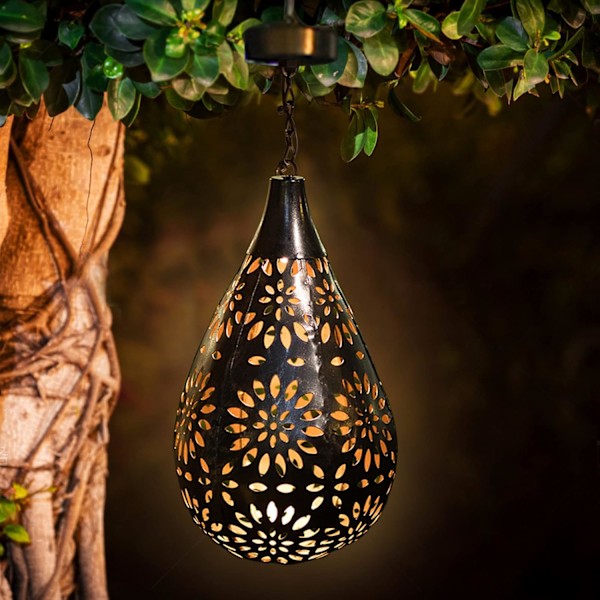 Hængende solcellelamper til udendørs brug i haven, Boho LED blomster vandtæt dekorativ metallampe til veranda, have, udendørs