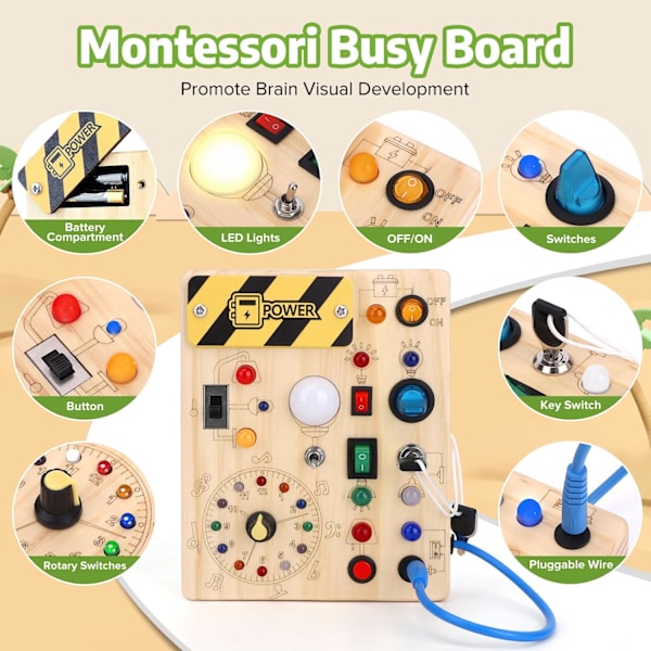 Busy Board Montessori-legetøj, aktivitetsbræt, sensorisk babylegetøj, med 10 kontakter og 23 LED-lamper, trælegetøj, rejse