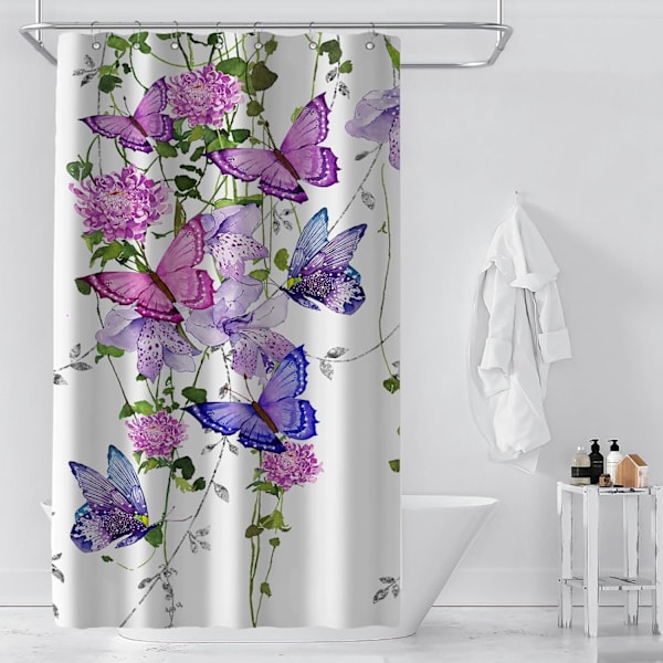 Lilla sommerfugle bruseforhæng til badeværelse, sommerfugle bruseforhæng med rustikke blomster, 36x72 tommer