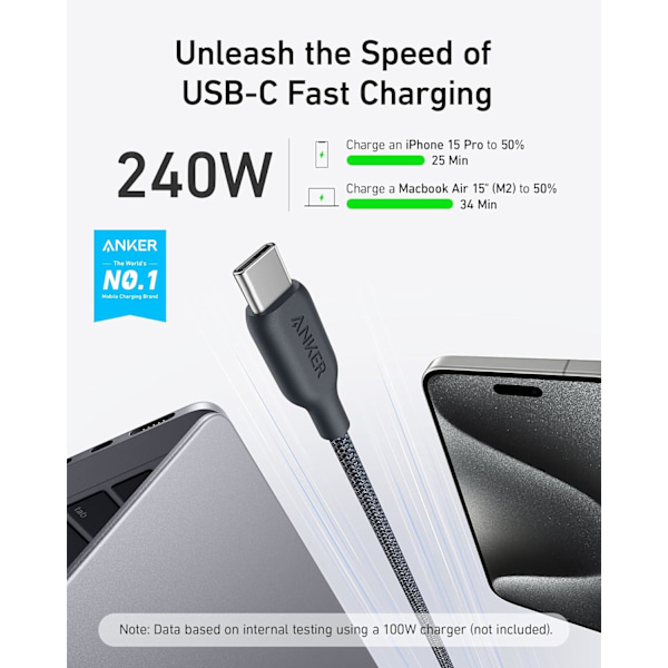 USB-C-kaapeli, 240W Bio-Punottu Type C Nopea Latauskaapeli iPhone 16/16 Pro, MacBook Pro 2020, iPad Pro ja Muille (USB 2.0, 6FT, Phantom Black)