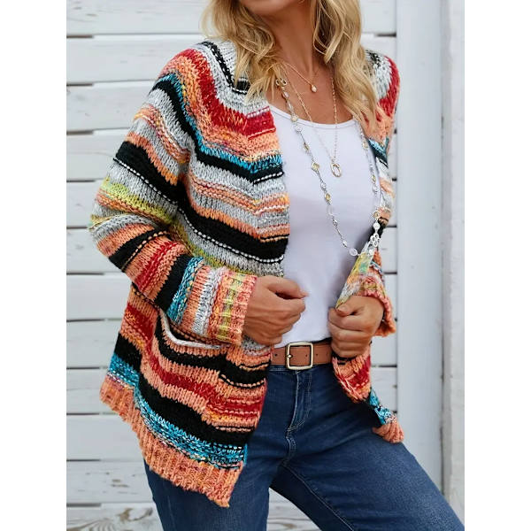 Dam Cardigan med Regnbågsrandig Öppen Fram, Långärmad, för Vår och Höst