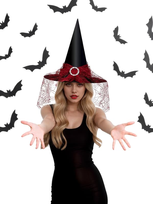 Heksehat til kvinder, blonde mesh, elegant kostume, troldmandskostume tilbehør til cosplayfester Red Lace
