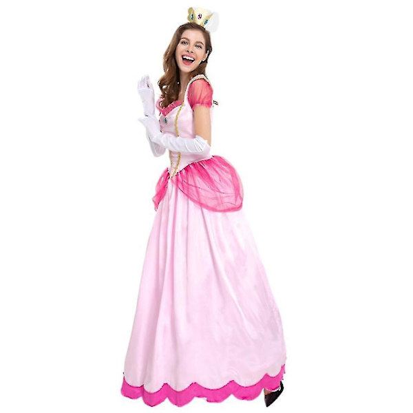 Super Mario Peach Cosplay Damkläder Cosplay Kostym Rosa Prinsessklänning + Handskar + Huvudbonad Klädset S