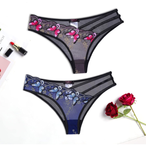 Naisten seksikkäät pikkuhousut perhosilla brodeeratut alusvaatteet mesh ja sininen-2 pakkaus L Pink and Blue-2 Pack