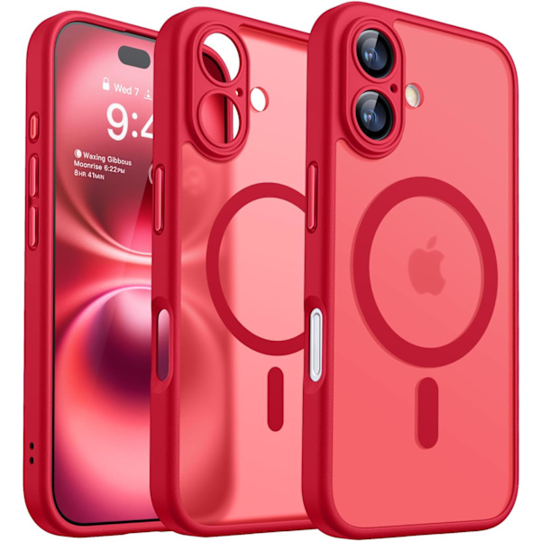 Magnetisk etui til iPhone 16 Pro Max med fuld kamerabeskyttelse [MagSafe-kompatibel] [Transparent mat] Beskyttende telefonetui, Hot Pink Red Red iPhone 16