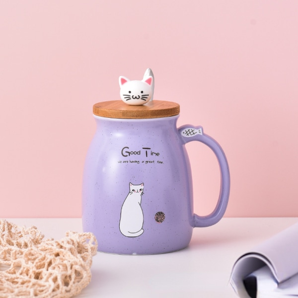 Söpö kissatee kahvi 500 ml keraaminen muki, puinen kansi ja metallilusikka, uudet astiat aamu- ja iltajuomiin (violetti)