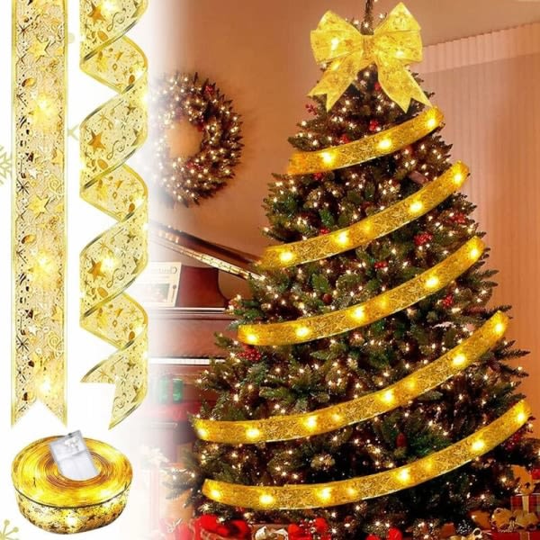 Glitter juletræsbånd LED lysguirlande til juletræsdekoration - (varmt lys) Længde: 10m,