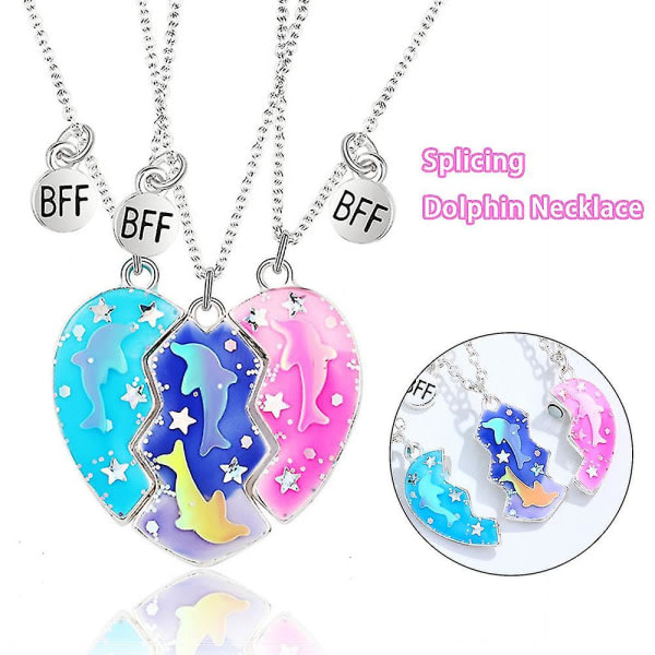 3 stk/ sett Best Friends Dolphin Necklace Split Heart Puzzle Pendant Women Girl