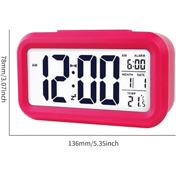 Digital väckarklocka med LED-display, temperatursensor, smart ljusstyrkekontroll, rosa röd