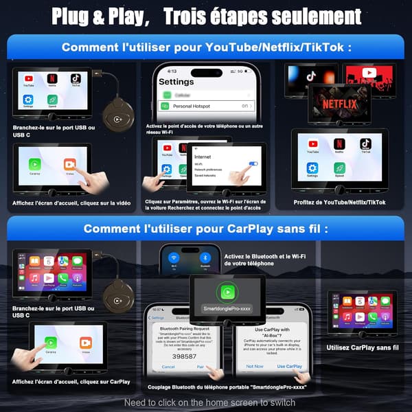 Trådløs CarPlay Trådløs CarPlay Videoadapter Indbygget Netflix YouTube TikTok til iPhone Trådløs CarPlay Konverterer Kablet til Trådløs