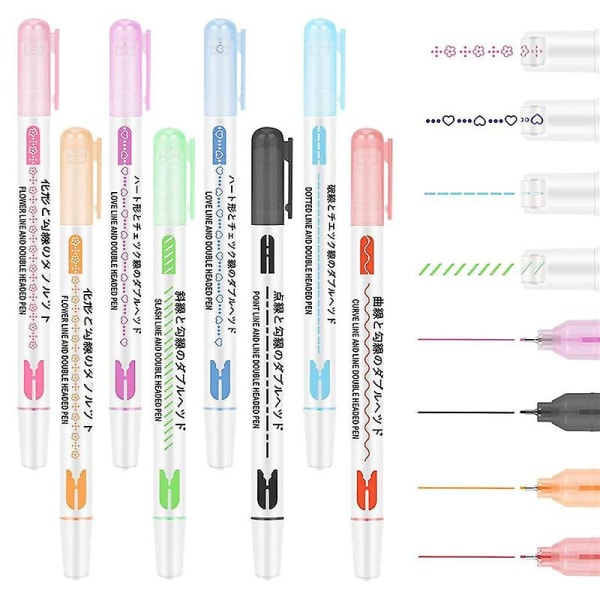 8-delt kurvepennesæt med dobbelt spids lineære farvepenne til dagbogspapir