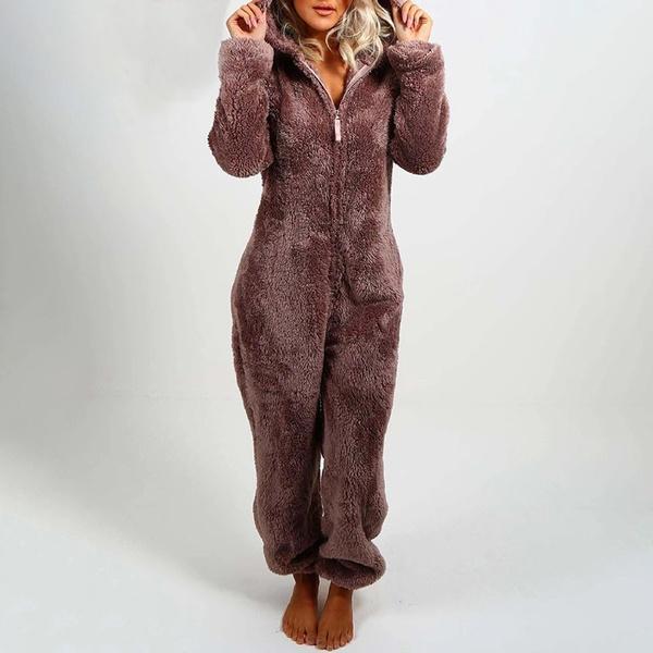 Autumn/Winter Hooded Pajamas For Women With Plush Thick Plush Jumpsuit Bear Pants Home Suit Overalls Outerwear Coffee