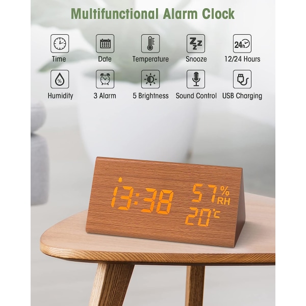 Herätyskello digitaalinen kello puu, pöytäkello digitaalinen päivämäärällä/lämpötilalla, yöpöydälle, makuuhuoneeseen, lasten sängyn viereen ja toimistoon - musta