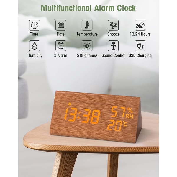 Väckarklocka digital klocka trä, bordsklocka digital med datum/temperatur, för sängbord, sovrum, barn vid sängen och kontor - svart