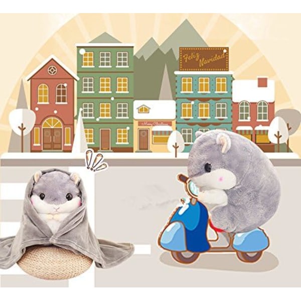 2 i 1 Plysch Hamster med Filt Söt Hamster Mjuk Kudde för Pojkar och Flickor (Grå)