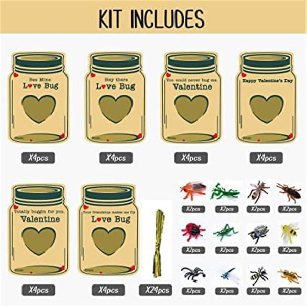 24 stk Valentinsdag hilsen gavekort med 24 stk insekt insekt leker for barn, Valentine School Klasserom Bytte Premie Party Favor Supplies