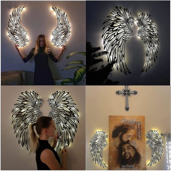 Par englevinger Metal vægkunst dekoration med LED lys, 3D englevinger væg skulpturer dekoration til hjemmet soveværelse Stue Have Kontor 35 cm