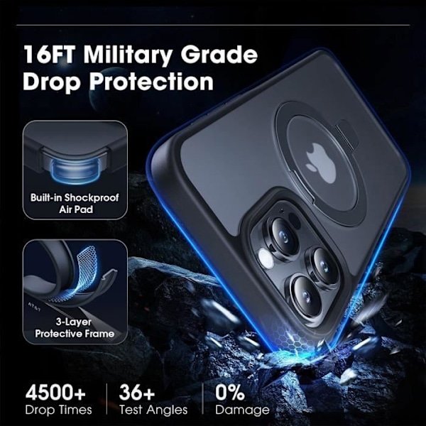 Fodral för iPhone 16 Pro Max, hårt stötsäkert skydd med roterande magnetisk ringhållare - svart