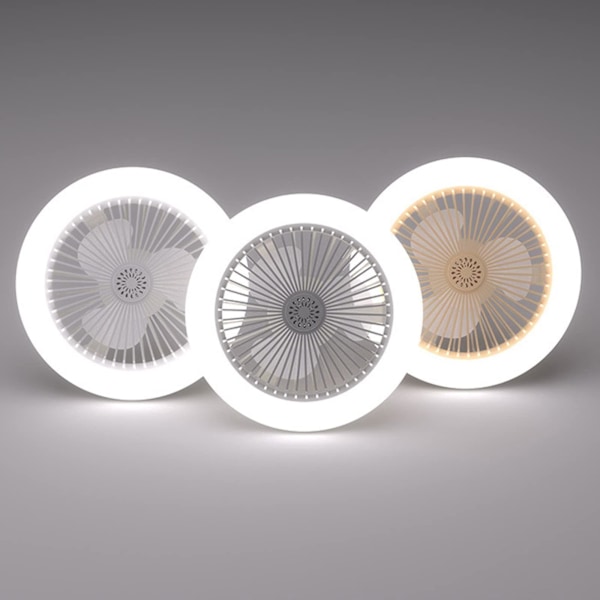 Ny 30W loftsventilator med lyspære E27 konverterbase med fjernbetjening til soveværelse stue stille 3 hastigheder 3 farver dæmpbar Grey