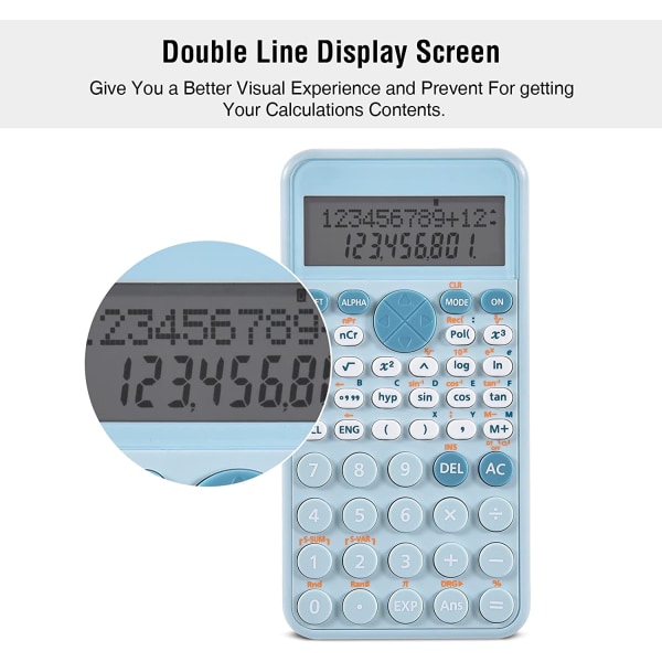 Videnskabelig lommeregner, skærm med to linjer, slank og bærbar, velegnet til skole og erhvervsliv, blå