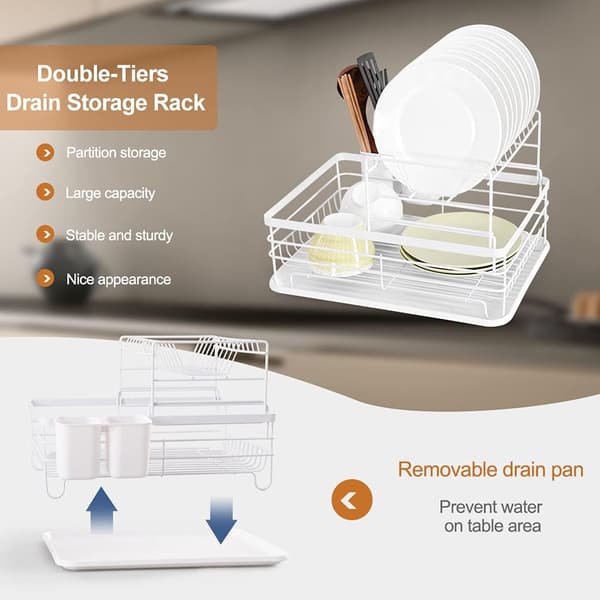 2-Tier Dish Drying Rack Kitchen Counter Plate Drainer Storage Organizer with Drain Board and Cutlery Holder - White White