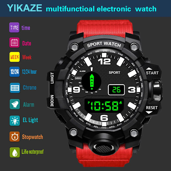 YIKAZE Sort Ur Military Klok Digital Herreure Vandafvisende Nedtælling Dato LED Elektronisk Armbåndsur Klo B-Black silver