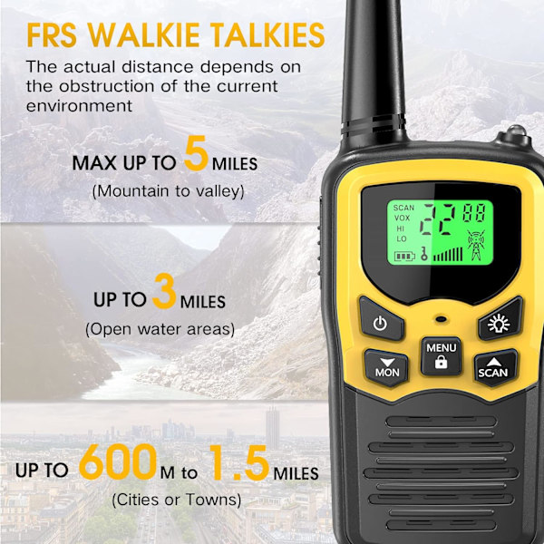 Walkie Talkies med 22 FRS-kanaler, MOICO Walkie Talkies för vuxna med LED-ficklampa VOX Scan LCD-display