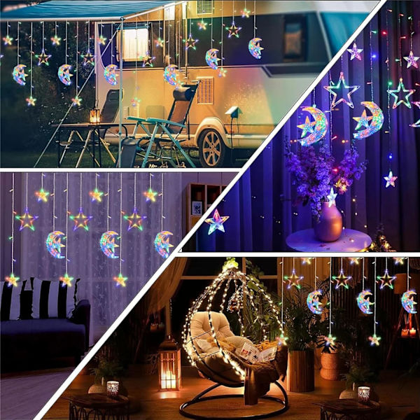 Gardiner Ljus Ramadan Fönsterljus Dekorationer Inomhus, 138 LED Stjärna Måne Fairy Lights