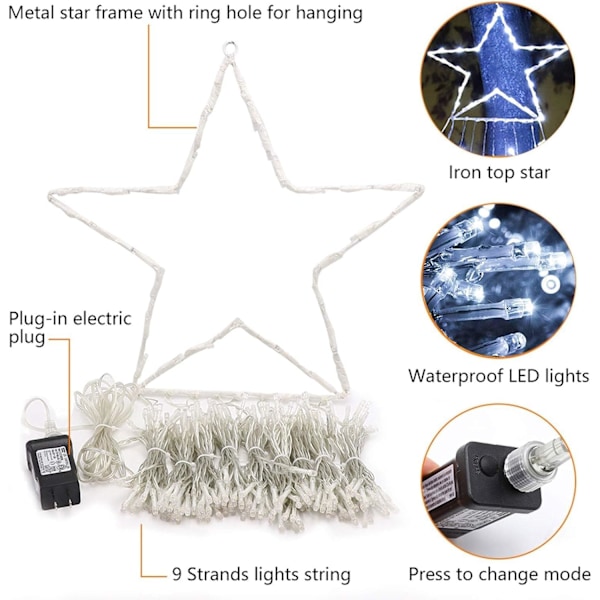Julepynt Stjernelys Utenfor, 320 LED 16,4Ft Juletrelys [8 Moduser & Vanntett] for Halloween Jul Nyttår Ferie (Jern)