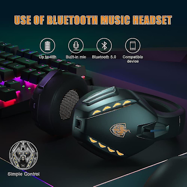 Trådløst Bluetooth Gaming Headset med Aftagelig Støjreducerende Mikrofon