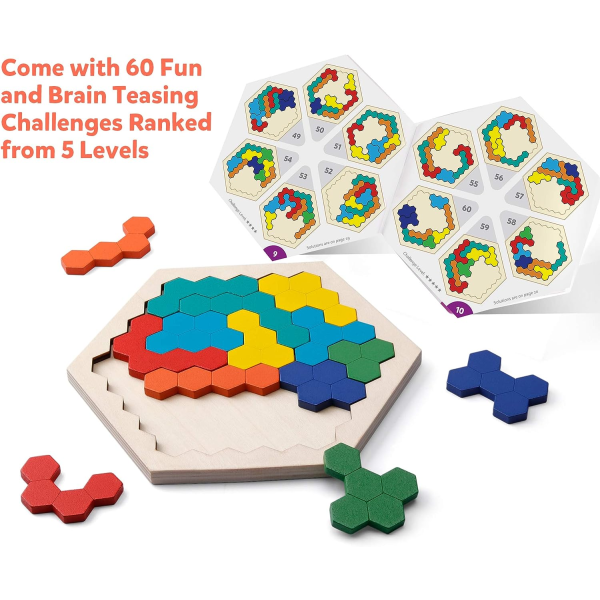 Trä Hexagon Pussel - Formblock Tangram Brain Teaser Leksak Geometri Logic IQ-spel Utbildningspresent för alla åldrar Utmaning