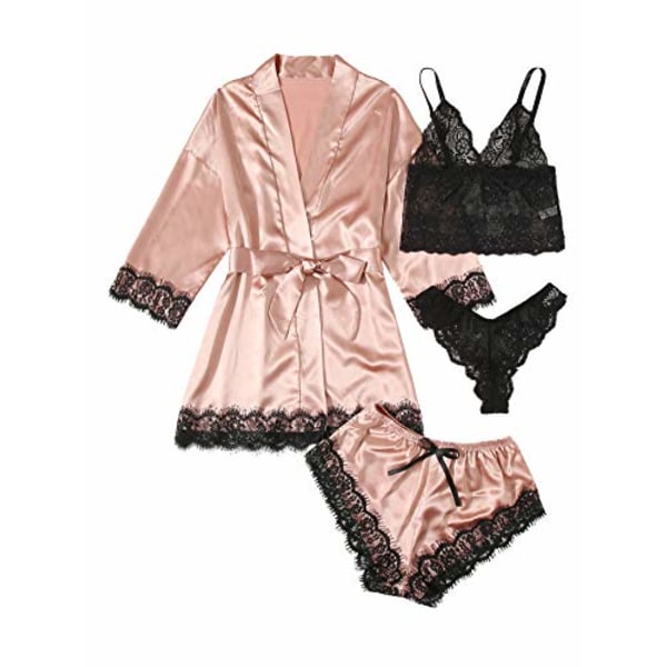 Dam 4-delars satinblommig spets camisole topp underkläder pyjamas set med morgonrock