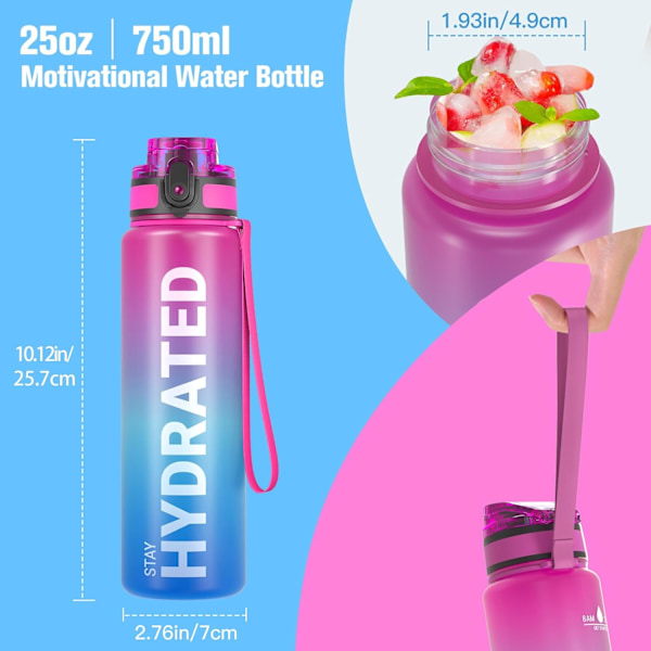 Tiivis Vesipullo 1L, Tritan BPA-vapaa Motivoiva Urheilujuomapullo Kirkkaalla Ajan Merkinnällä, Lukituskannella, Helppo Puhdistusharja (Punainen ja sininen) 1000ml