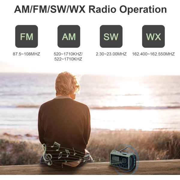 10000mAh NOAA Nødveiv Værradio, Håndsveiv, Batteridrevet, USB-lader, SOS-alarm