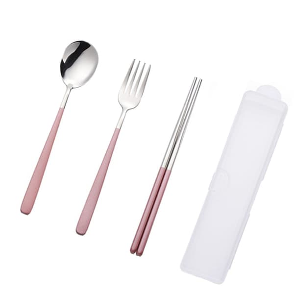 Rustfrit stål spisepinde ske gaffel sæt bærbart bestiksæt (tre-delt sæt - pink sølv)