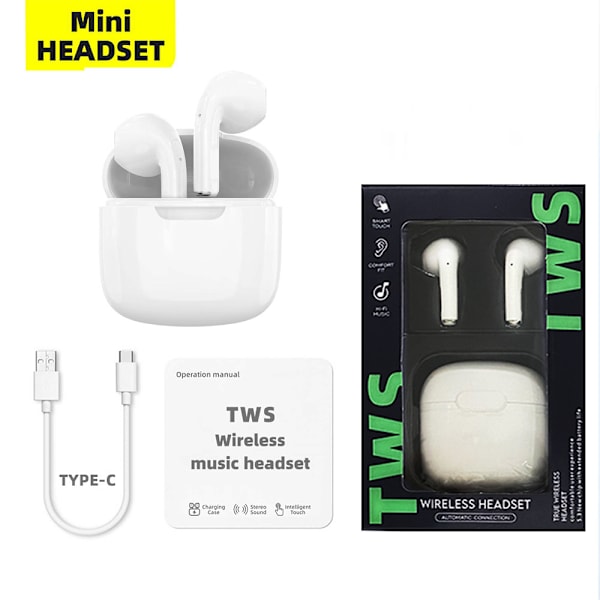 Hörlurar, Trådlösa Bluetooth-öronsnäckor, 25 timmars speltid USB C TWS Inbyggd brusreducering white