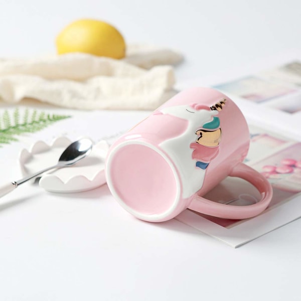 Söta muggar Keramisk enhörningsmugg Rolig kaffemugg Unika mjölktekoppar med spetslock och sked för barn, kvinnor, flickor (rosa)