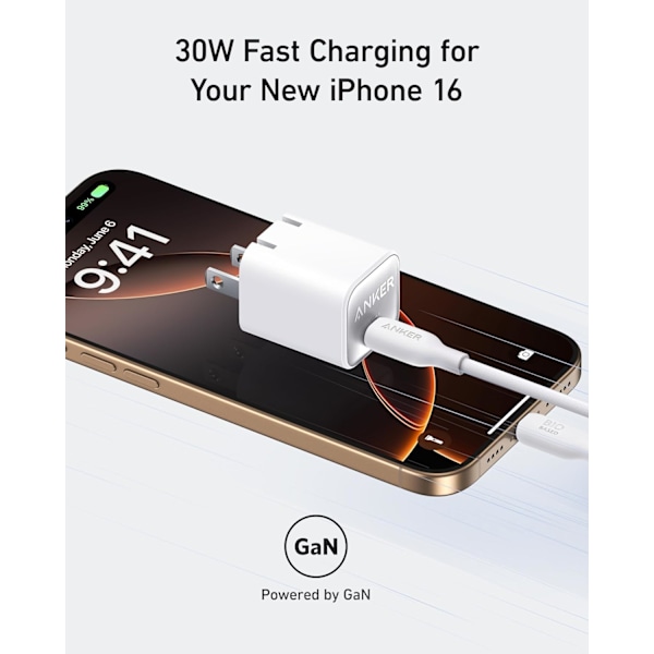 Lader, USB C GaN Lader 30W, PIQ 3.0 Foldbar PPS Rask Lader for iPhone 16 / 15 og flere serier, Galaxy, iPad, Kompatibel med MagSafe (svart) black