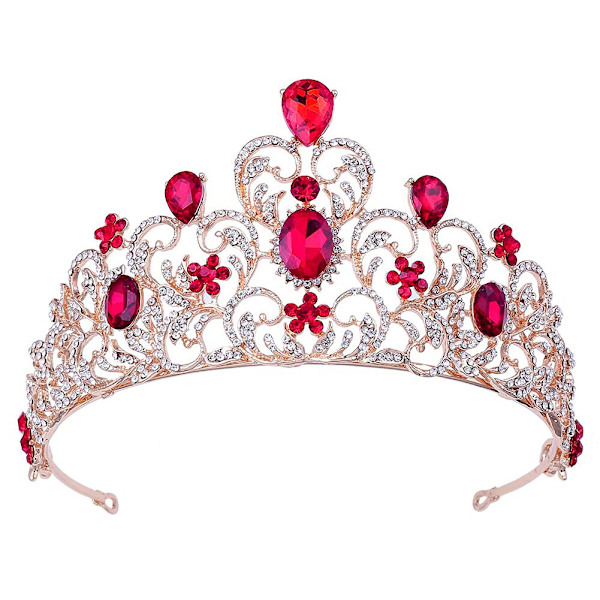 Rubin bryllupstiaraer for brud, prinsessekrone voksen rhinestone pannebånd, brudehårtilbehør for kvinner, gullhodeplagg