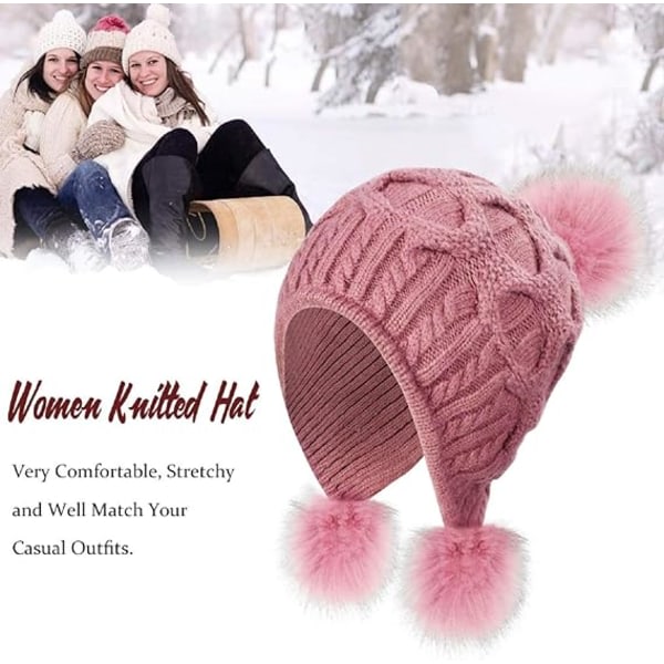 Stickad mössa för kvinnor, varm vintermössa med Pom Pom Bobble Hat Style med vindtäta öronlappar (ljuslila)