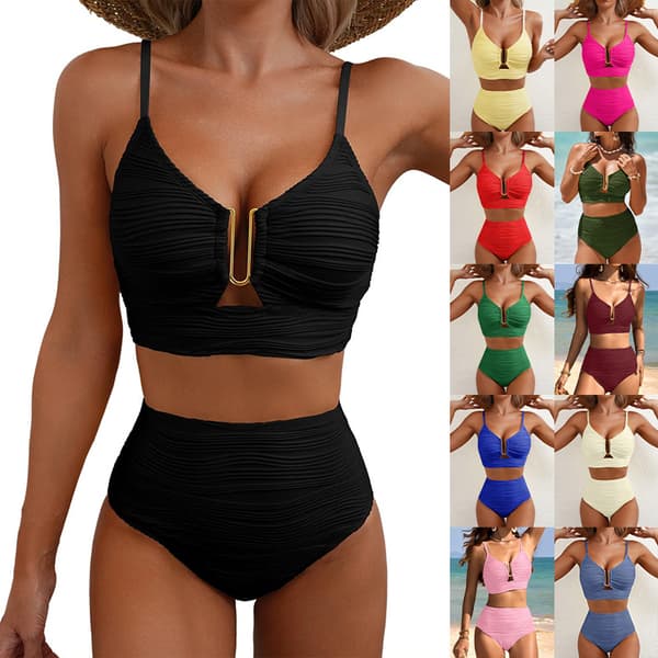 Bikini för kvinnor med V-ringning och utskärningar, högmidjad texturerad plisserad baddräkt L gray-blue
