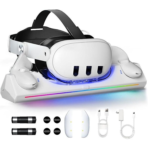 VR-ladestasjon for Meta Quest 3/oculus Quest 3, ladestasjon med RGB-lys for Quest 3 VR-headset og kontroller