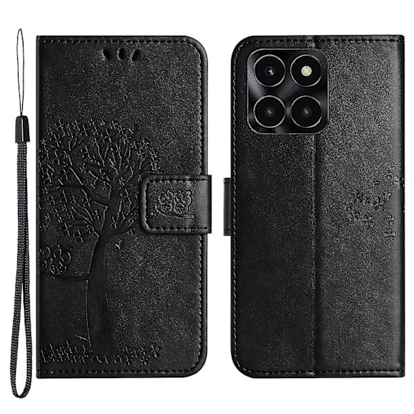 For Honor X6a 4g Owl Tree Tryckt PU-Läder Stativfodral Fullt Skyddande Omslag Black